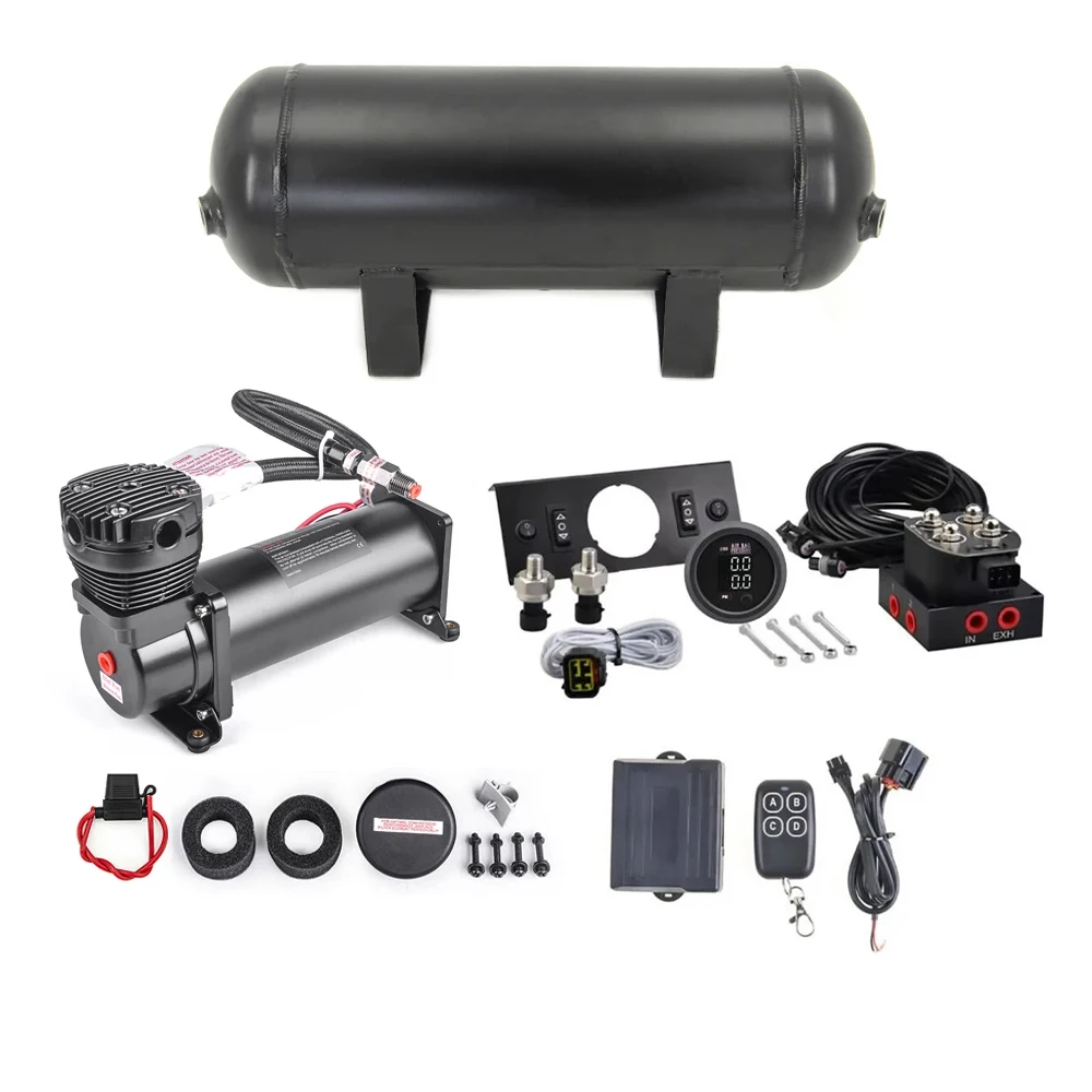 Universal Air Ride Suspension Dual Display Pressure Gauge Valve Control & Panel Ship Type Witch Kit W/3G Tank & 200psi Compresso