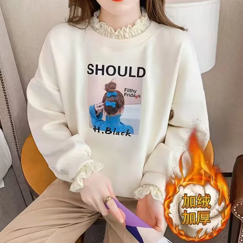 Sudaderas con capucha para mujer, estilo coreano 2025, Otoño Invierno, encaje de retales, Sudadera con capucha de lana, jerséis para mujer, Tops, sudadera informal para estudiantes