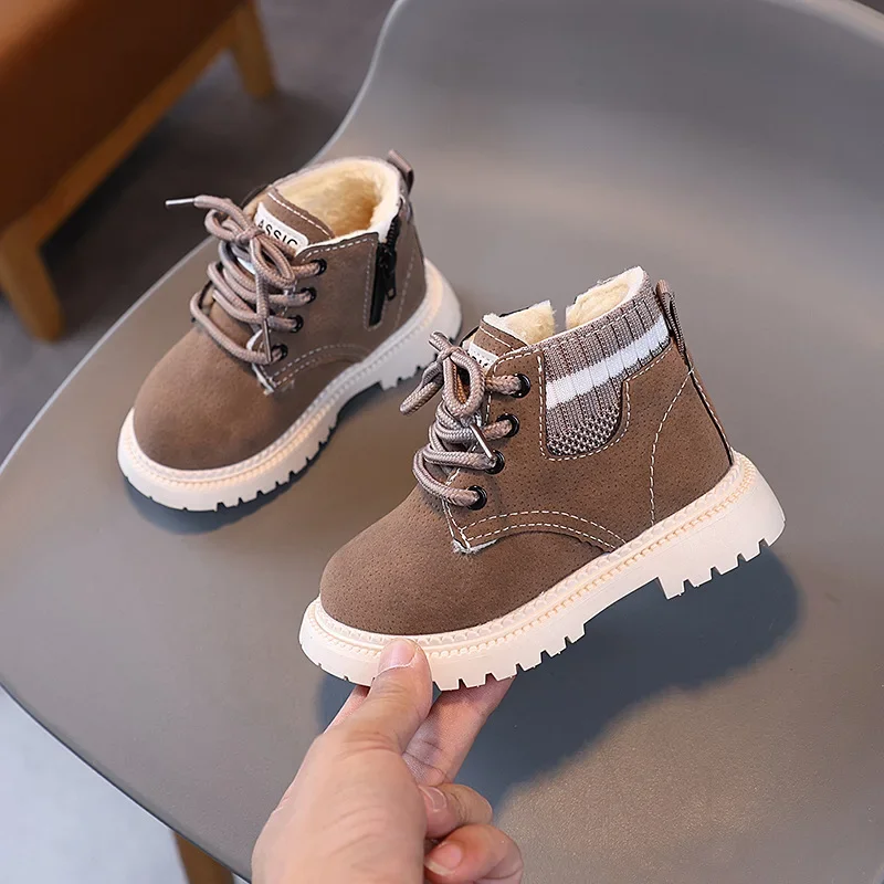 

Children Autumn Winter Thickened Cotton Boots Boys Keep Warm British Style Boots Girls antiskid Unisex Front Lacing Side Zippers