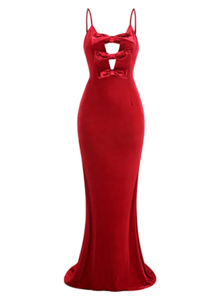 2024 Fashion Women Sexy Sleeveless Key Hole Red Velvet Bow Tie Maxi Long Bodycon Dress Elegant Evening Club Party Dress