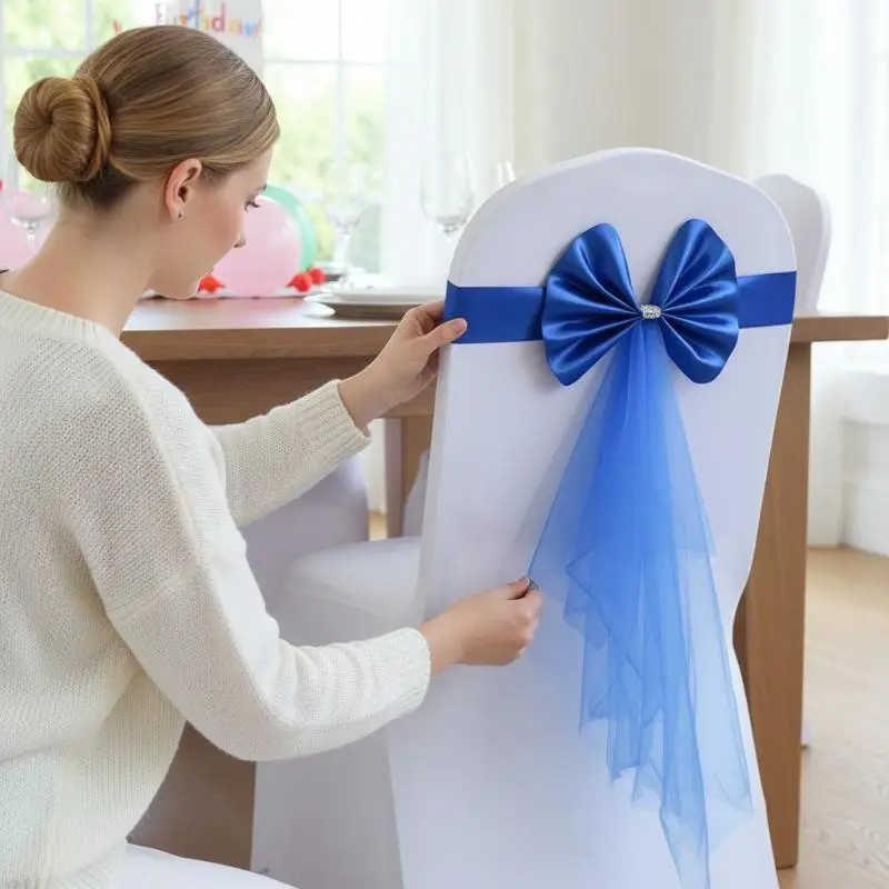 

Элегантный декор для спинки стула: эластичная лента из органзы для украшения стульев на день рождения, свадьбу, для отелей и мероприятий.