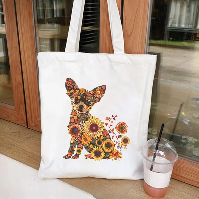 

2026 new Watercolor floral pattern dog print canvas bag - Women's fashionable shoulder bag for carrying handbags shopping bag