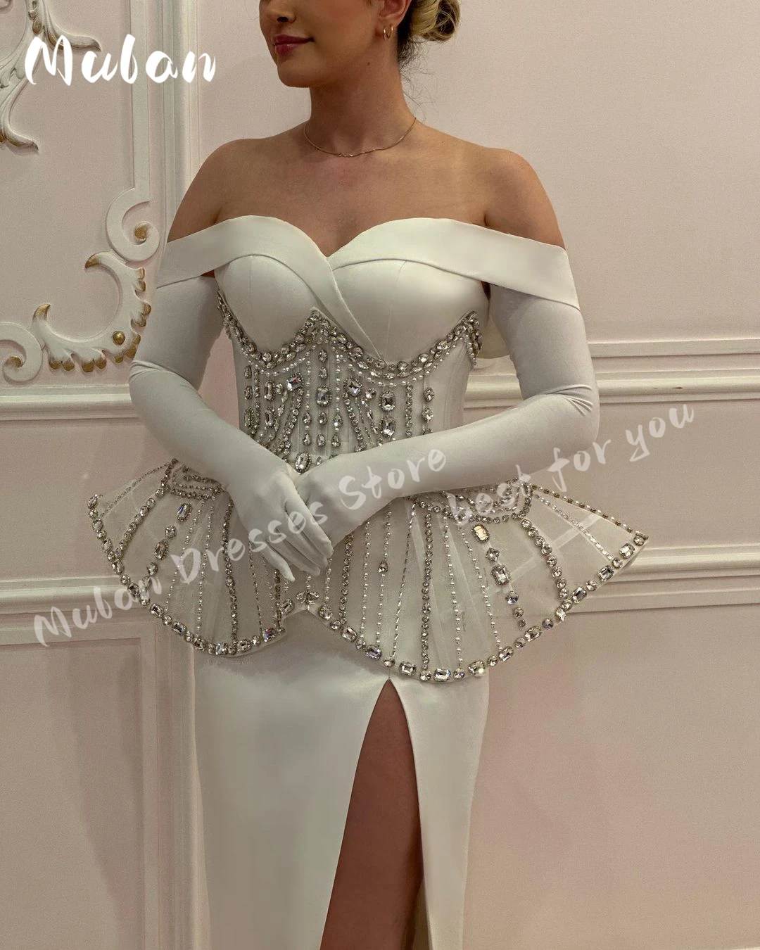 Off Shoulder Handbeadings Crystal Luxury Wedding Dresses For Women 2024 Satin Gloves High Split Bridal Gown vestidos de novia