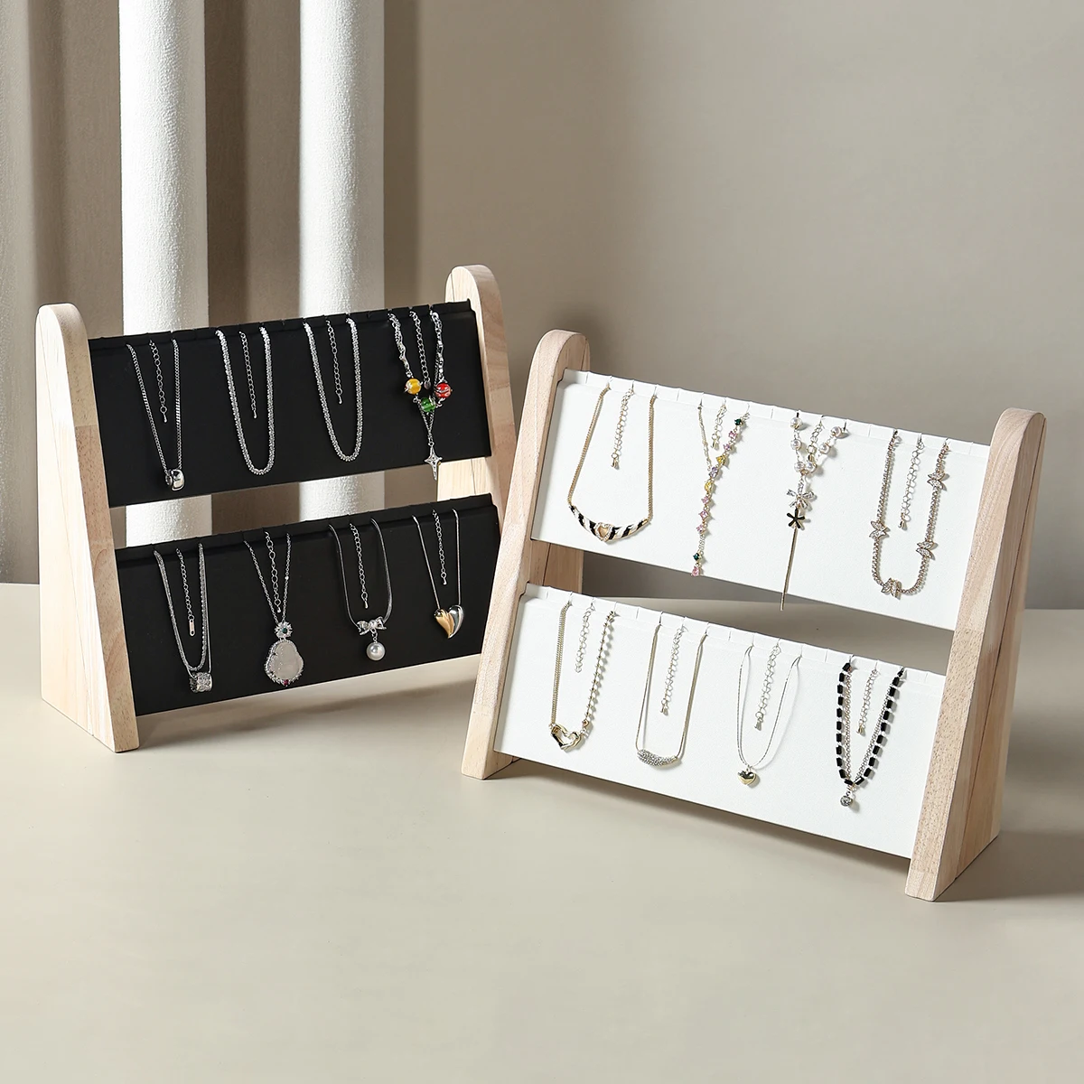 Foldable 2-Tier Sloped Wood Jewelry Display Stand – Necklace/Pendant/Bracelet Organizer with Rack & Tray (Easy Storage)