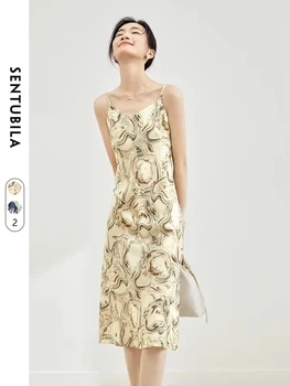 Sentubila yaz baskılı Midi kayma elbiseler kadınlar için 2024 moda V boyun Strappy Sundress kaşkorse zarif seksi ince plaj elbise