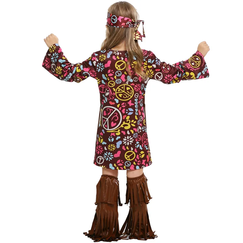 Indyjskie sukienka Hippie dla dziewcząt Cosplay w stylu Vintage z lat 60. Z lat 70. Sukienka Hippie pokój kocha indyjskie dziecięcy kostium na Halloween sukienka z frędzlami