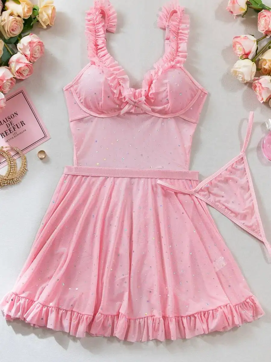 新しいセクシーなナイトドレスメッシュスパンコール光沢のあるドットエレガントなレースシャーリングレースシアードレスバックレスディープVサスペンダーノースリーブドレスWHS8