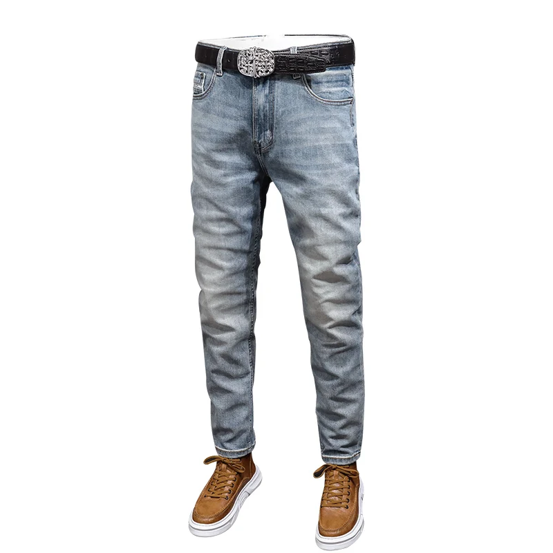 Fashion Designer Men Jeans Retro Light Blue Stretch Elastic Slim Fit Ripped Jeans Men Vintage Trousers Casual Denim Pants Hombre