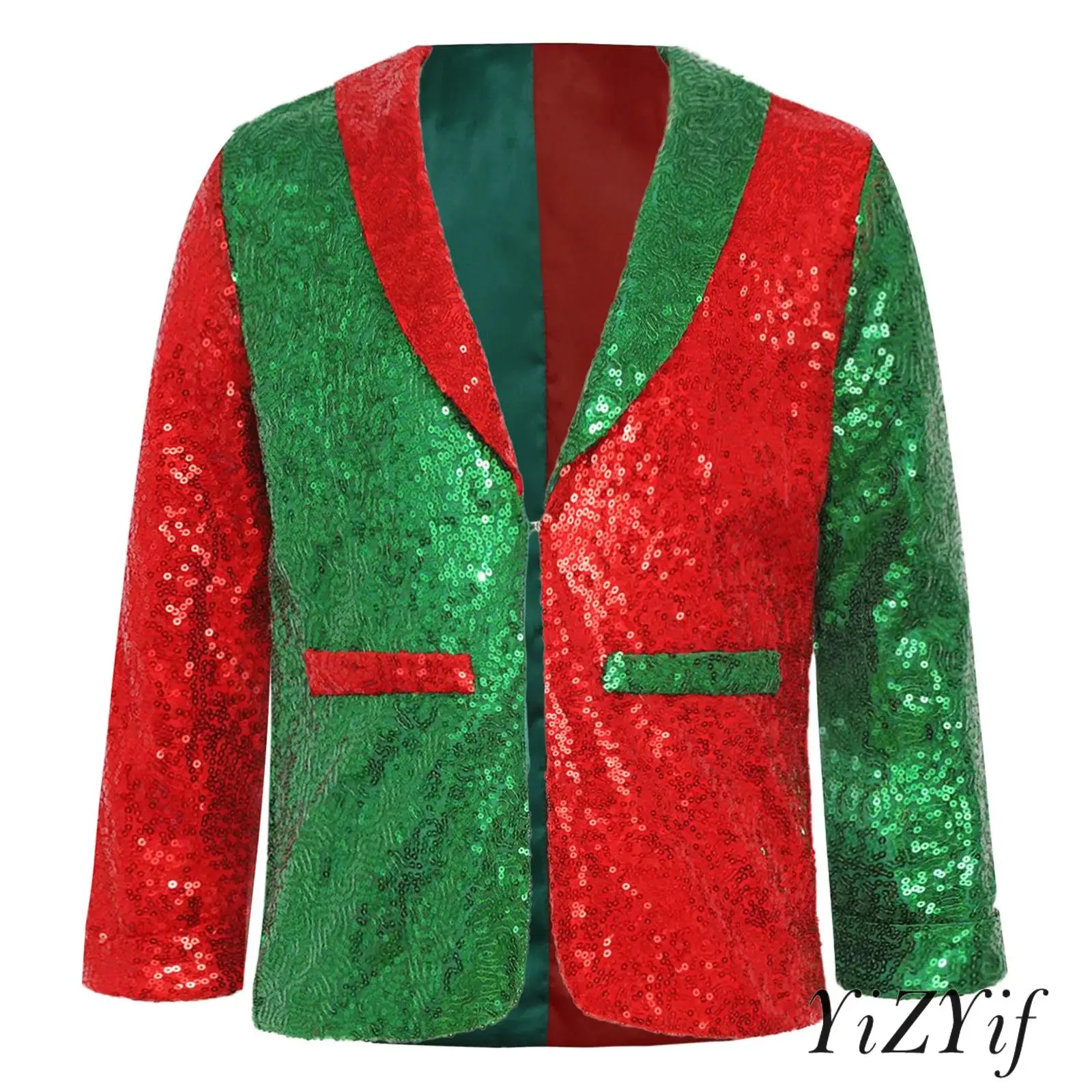 

Kids Unisex Boys Christmas Jacket Coat Santa Claus Costume Shiny Sequins Lapel Collar Long Sleeve Latin Jazz Disco Dance Costume