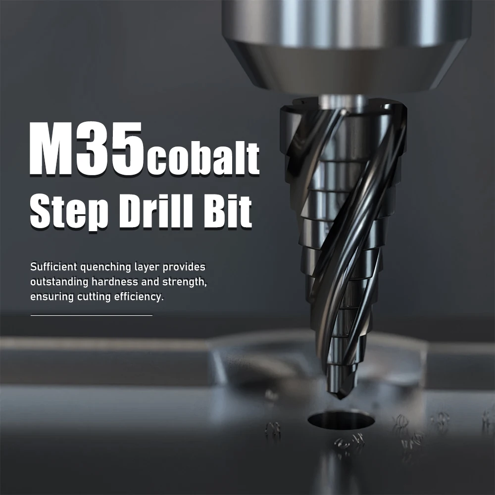 M35 Cobalt 4-Flute Step Drill Bit 1/4 in Metric Tapered Hex Shank for Stainless Steel Sheet Metal Wood Aluminum and Other Metals