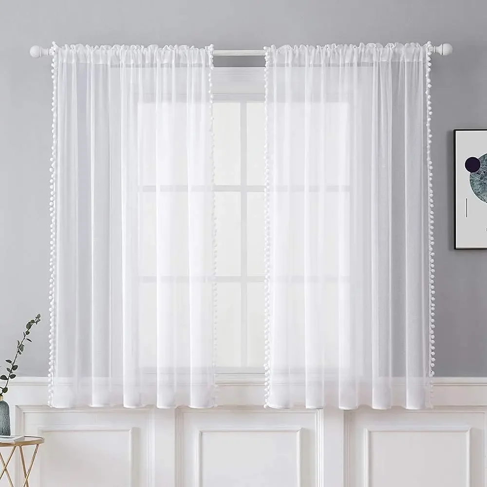 White Pom Pom Tasseled Sheer Curtains for Bedroom Farmhouse Faux Linen Semi-Voile Transparent Bay Window Drapes Panel