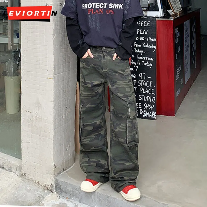 

American Style Multi-Pocket Wide-Leg Camouflage Work Pants For Men Loose Straight High Street Cargo Pants Y2K Streetwear