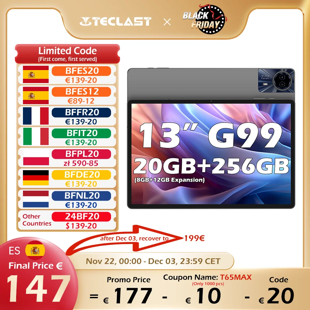 Teclast T65 Max 13 Pulgadas Android 14 Tableta 8 Núcleos MediaTek Helio G99 (8GB+12GB Expansión) Max. 20GB RAM 256GB ROM 10000mAh Batería Doble SIM