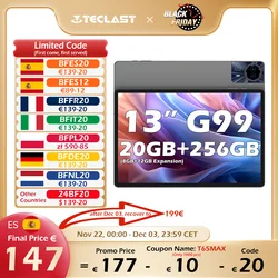 Teclast T65 Max 13 cal Android 14 Tablet 8 rdzeni MediaTek Helio G99 (8GB + 12GB rozszerzenie) Max. 20GB RAM 256GB ROM 10000mAh bateria dual SIM 4G LTE 1920x1200 GPS Widevine L1 dla Netflix