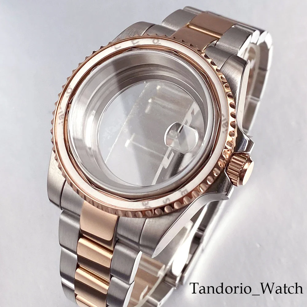 Tandorio 40MM Two Tone Rose Gold Steel Diver Watch Case For NH34 NH35 ETA 2824 PT5000 Miyota 8215 Sapphire Glass Slide Buckle