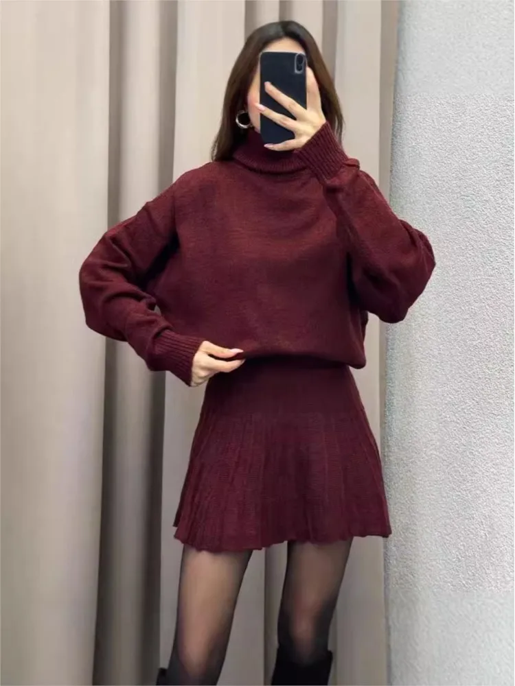 

High Collar Sweater + A-line Skirt Two Piece Set Knitting Pullover Tops + Pleated Short Skirt Set Fall Winter Female Outfits