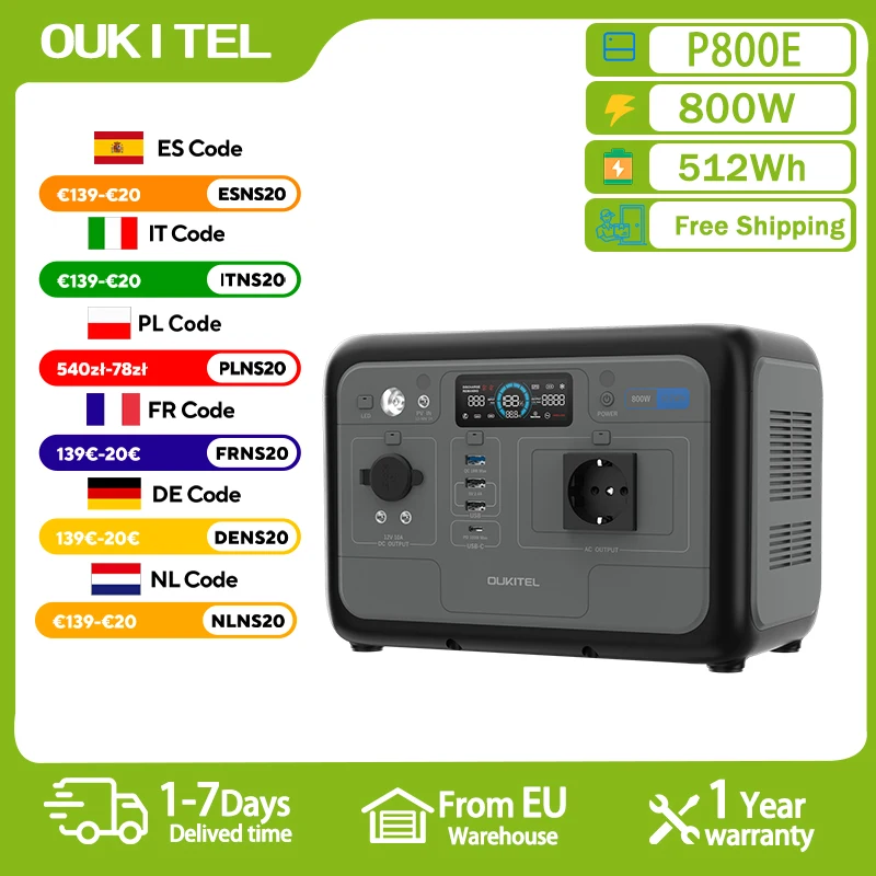 OUKITEL P800E Tragbare Powerstation 800W Solar-Generator 512Wh Lifepo4-Batterie für Notstromversorgung zu Hause, Outdoor-Camping, mobile Stromversorgung