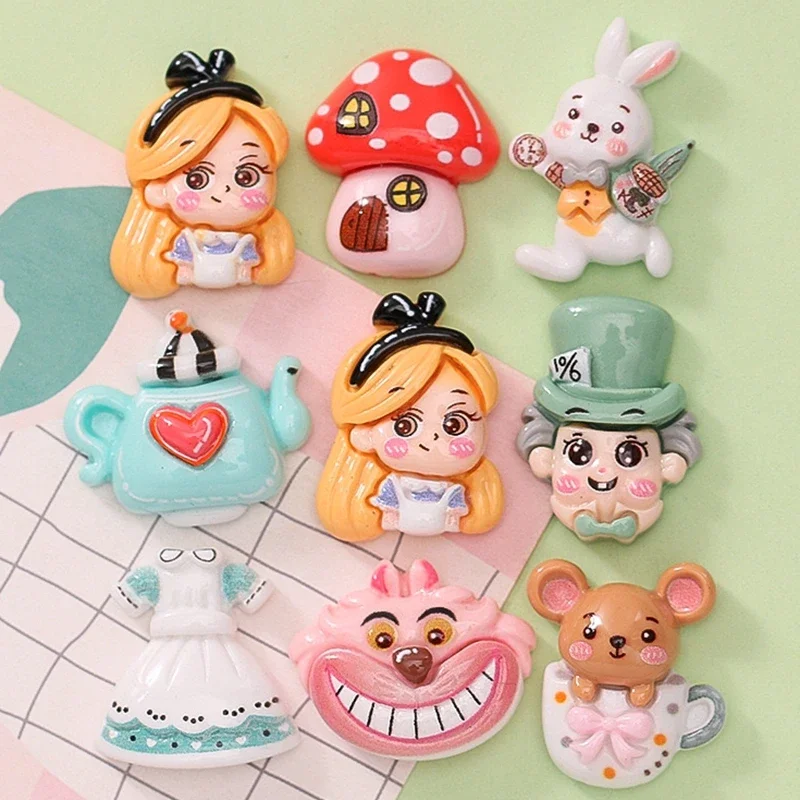 Accesorios de decoración para manualidades, 10 piezas, chica de dibujos animados de resina, conejito, ratón de taza de té, seta, Parte posterior plana, álbum de recortes, joyería DIY