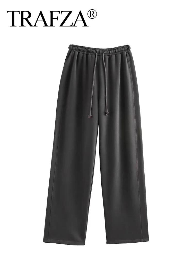 TRAFZA Herfst Vrouwen Chique Broek Trend Effen Zak Trekkoord Versieren Dames Elastische Taille Fluwelen Rechte Pijpen Broek Mujer