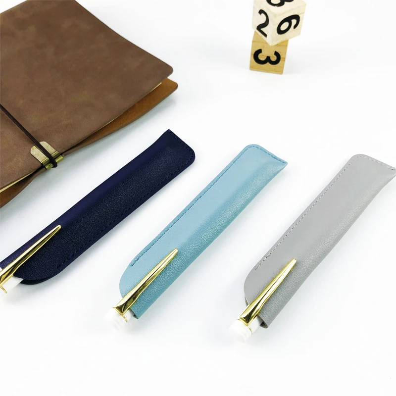 1 Pc PU Leather Pen Case School Pen Organizer Pure Color Wearable Pen Protector Small Logo Pen Case