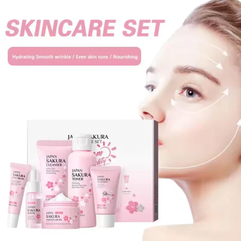 

Набор для ухода за кожей Sakura, 6 шт., очищающее средство для лица, тонер-сыворотка, крем для глаз, солнцезащитный крем для лица - полный набор для ухода за лицом с подарочной коробкой