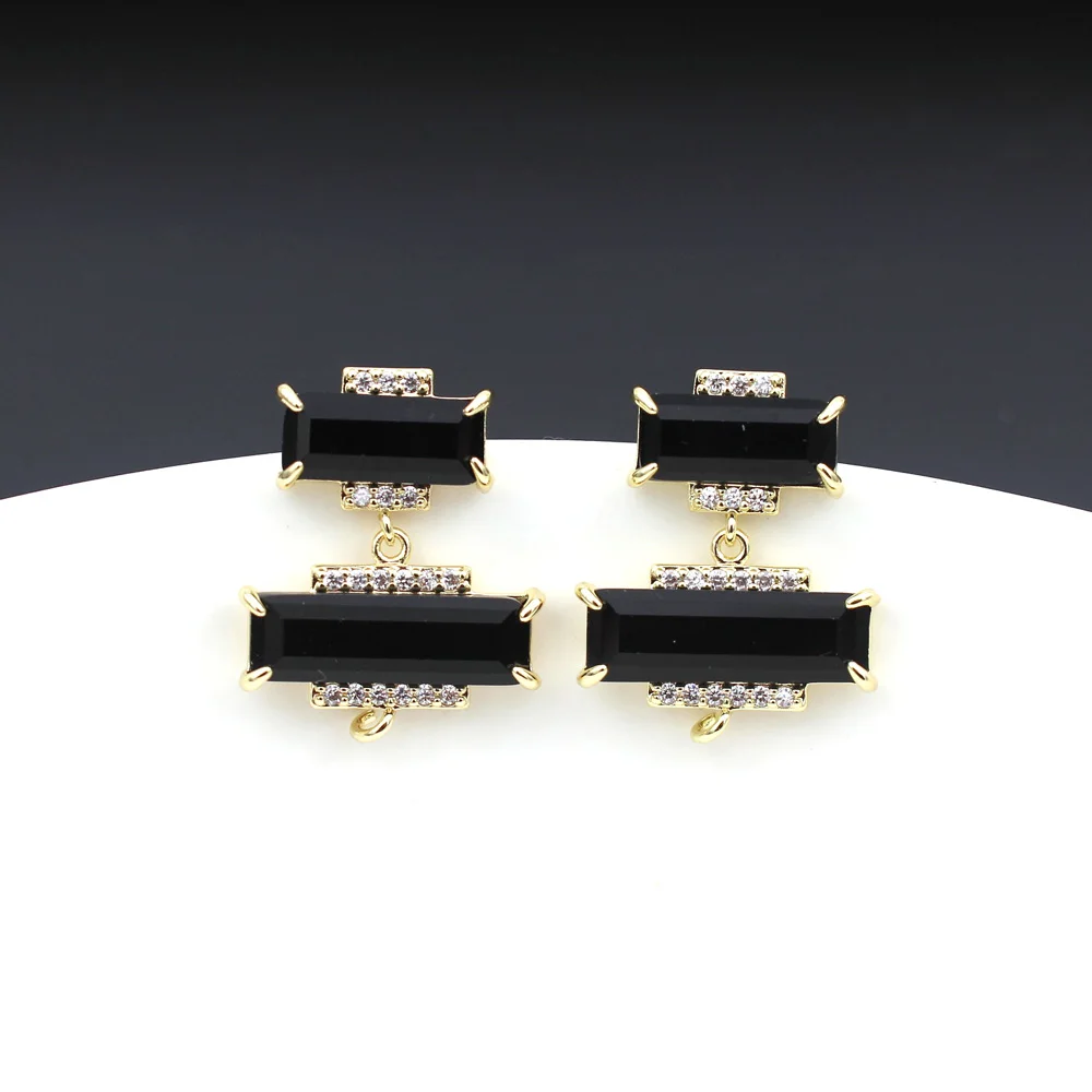 6pair Rectangle Geometric Shape CZ Prongs Earrings Post Natural Red Green Black Stone Studs Connectors Open Loop DIY Jewelry