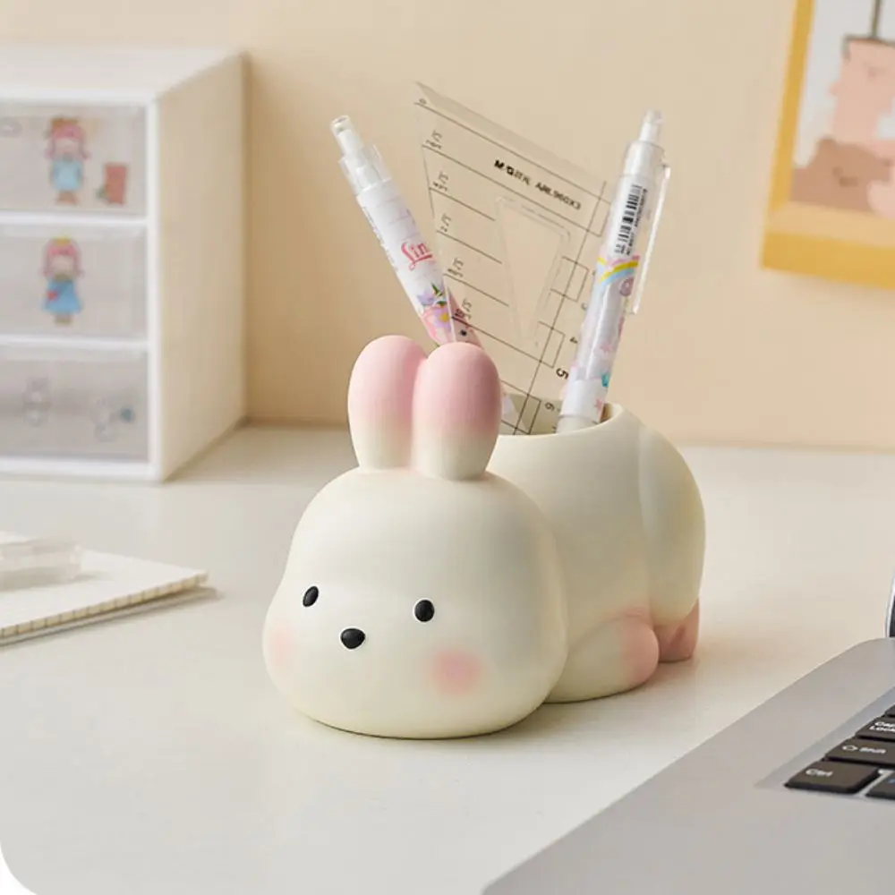 Funny Cute Animal Pen Holder Cartoon Unique Resin Panda Statue Large Capacity Desktop Rabbit Ornament Home