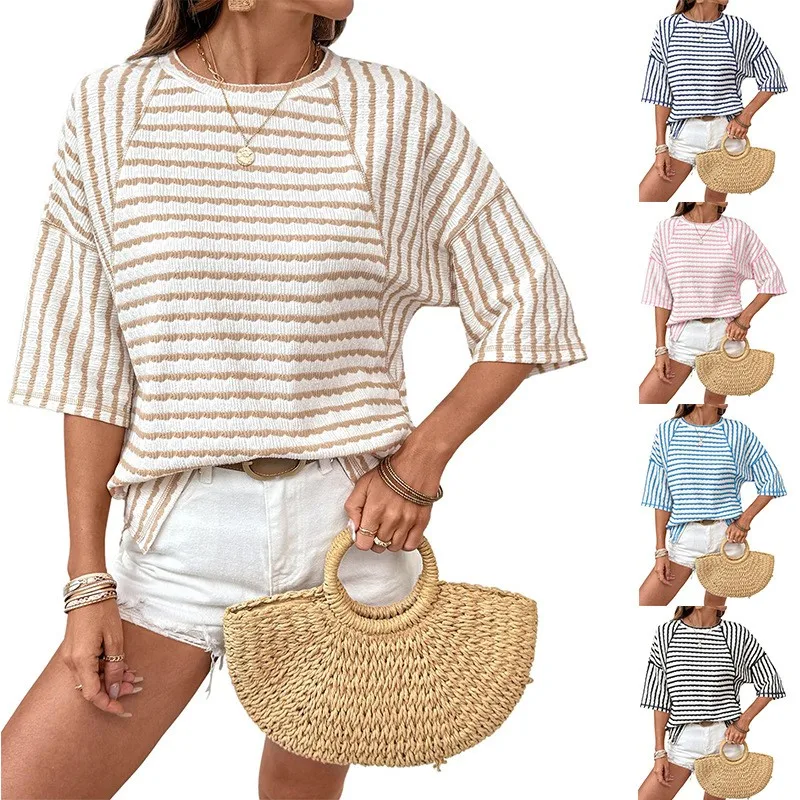 

Casual Striped Crop T Shirt Cotton Short Sleeve Oversized T-shirt with Horizontal Stripes Beige White Round Neck Loose Fit Top