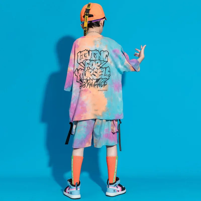 Boy Graphic Tee Tie Dye Oversized T Shirt Top Streetwear  Cargo Shorts Hip Hop Stage Costume Kid Kpop Outfit Clothing