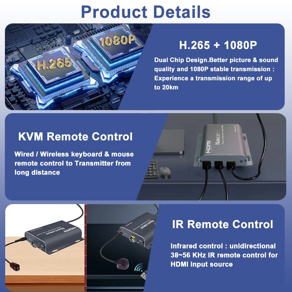 Navceker 20Km HDMI Fiber Optic USB KVM Extender Video Transmitter Receiver Over LC Fiber Cable Extender For mouse keyboard PC