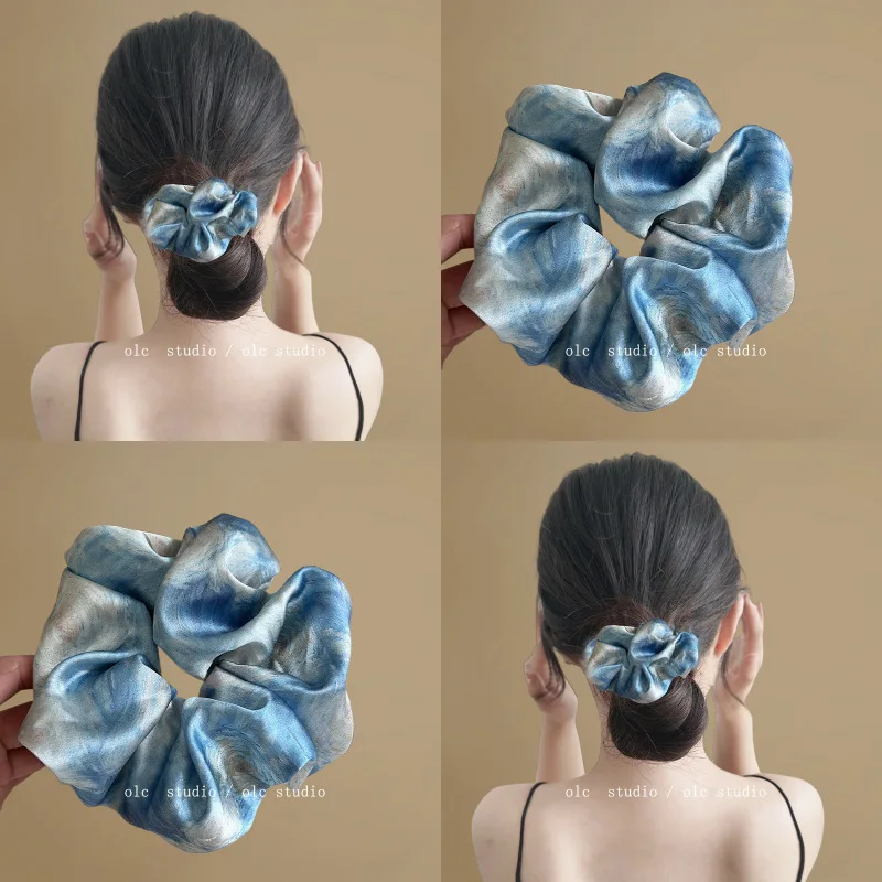 Premium Satin Scrunchies Starry Blue Elegant Oil Painting Texture Hair Ties for Women Bun Ponytail Holder Summer Daily
