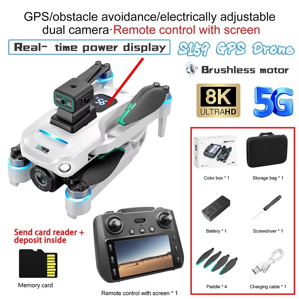 S159 GPS Drone Professioneel 360° °   Obstakel vermijden borstelloze 8K HD dubbele camera met scherm 5G WIFI FPV Dron opvouwbare quadcopter