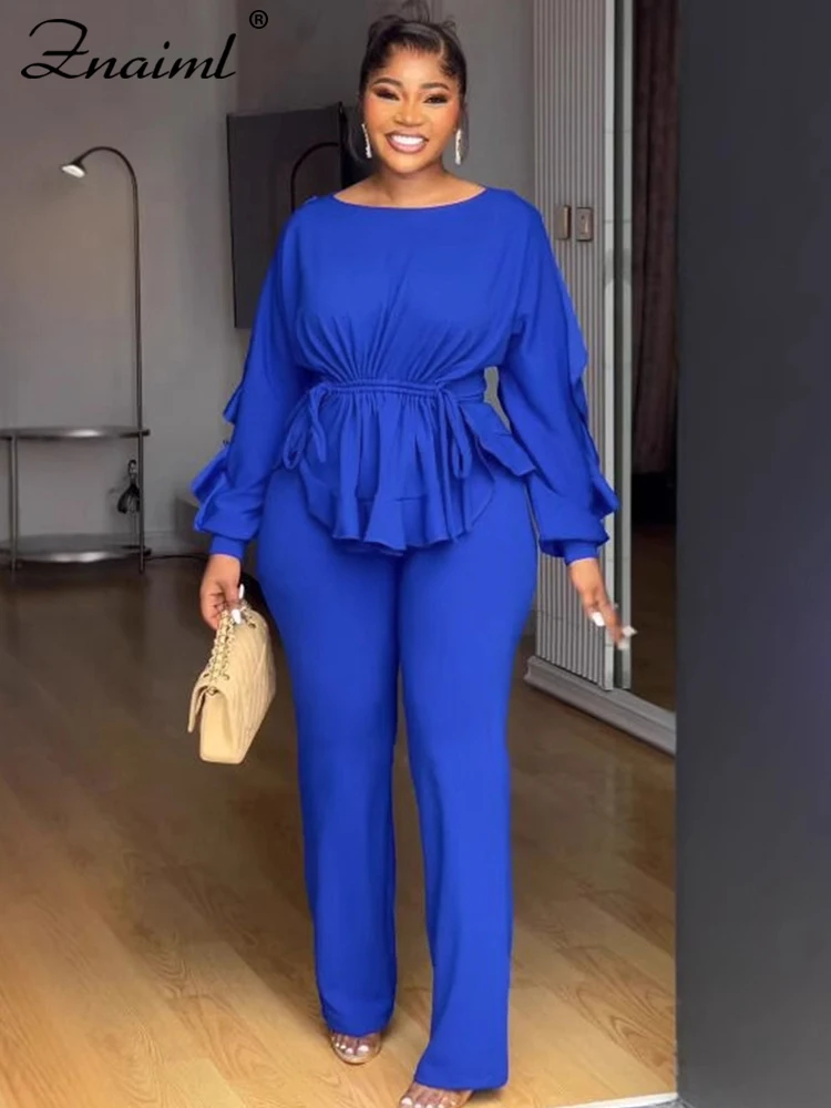

Znaaiml Elegant Blue 2 Piece Pants Sets Women Lantern Sleeve Drawstring Ruched Ruffles Top and Trousers Casual Street OL Outfits