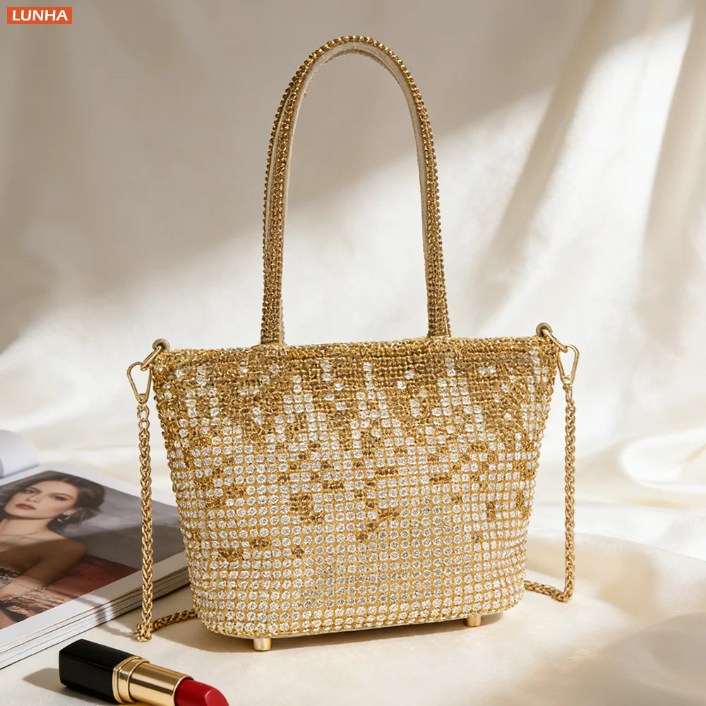 

Женская маленькая вечерняя сумка-ведро с верхней ручкой, золотая, полностью инкрустированная стразами, роскошная сумка с бриллиантами и цепочкой для свадьбы и вечеринок