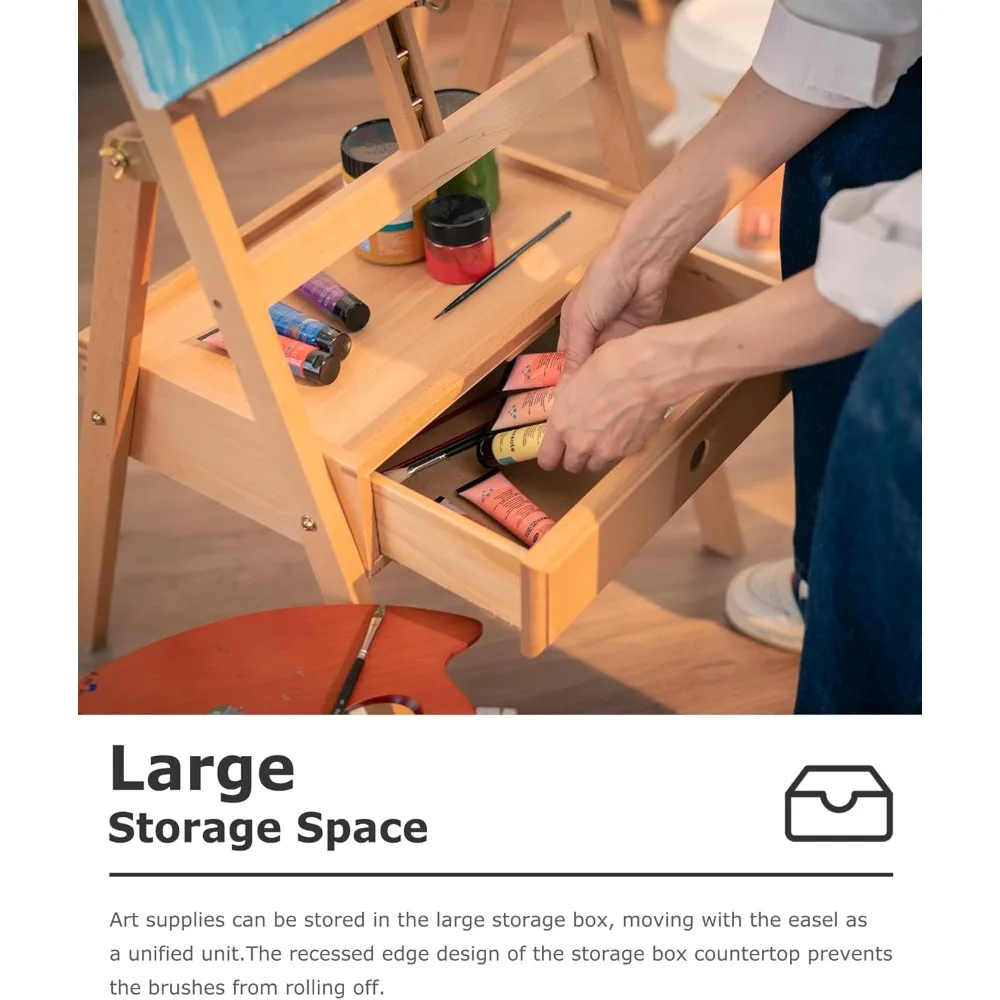 حامل كبير بإطار على شكل حرف H مع درج تخزين، ارتفاع 75 بوصة قابل للتعديل، حامل رسم من خشب الزان الصلب للطلاب البالغين #6