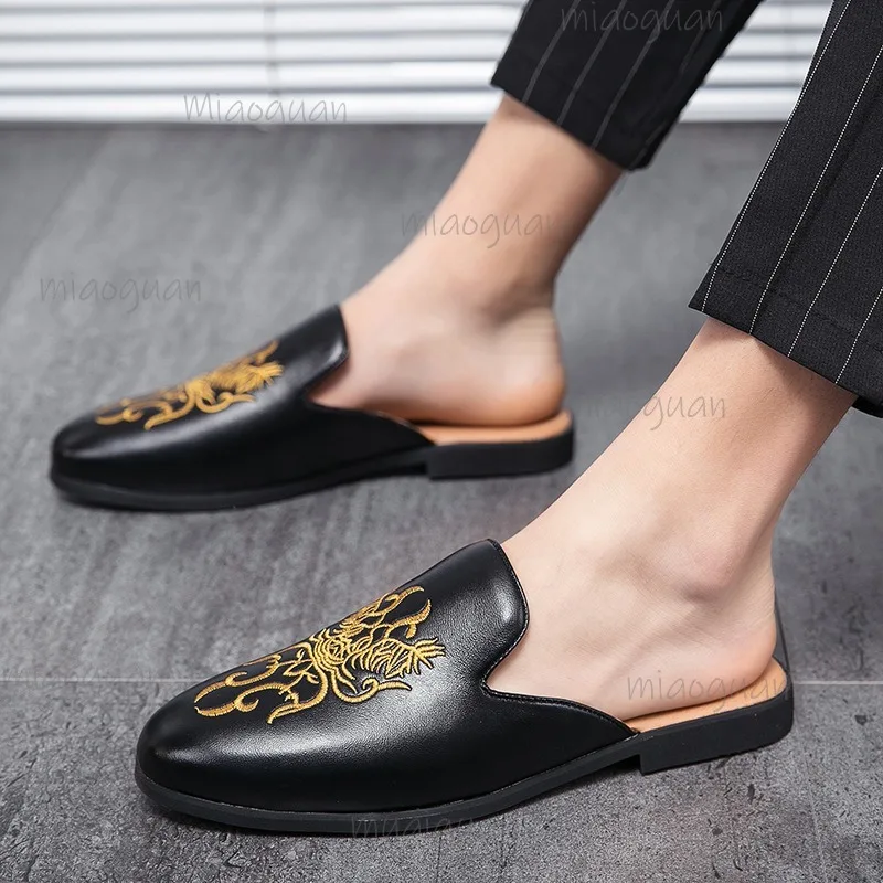 Size44 Summer Shoes for Man Casual Leather Embroidered Mules Slip-On Loafers Closed Toe Business Slide Slippers Sandalias Hombre