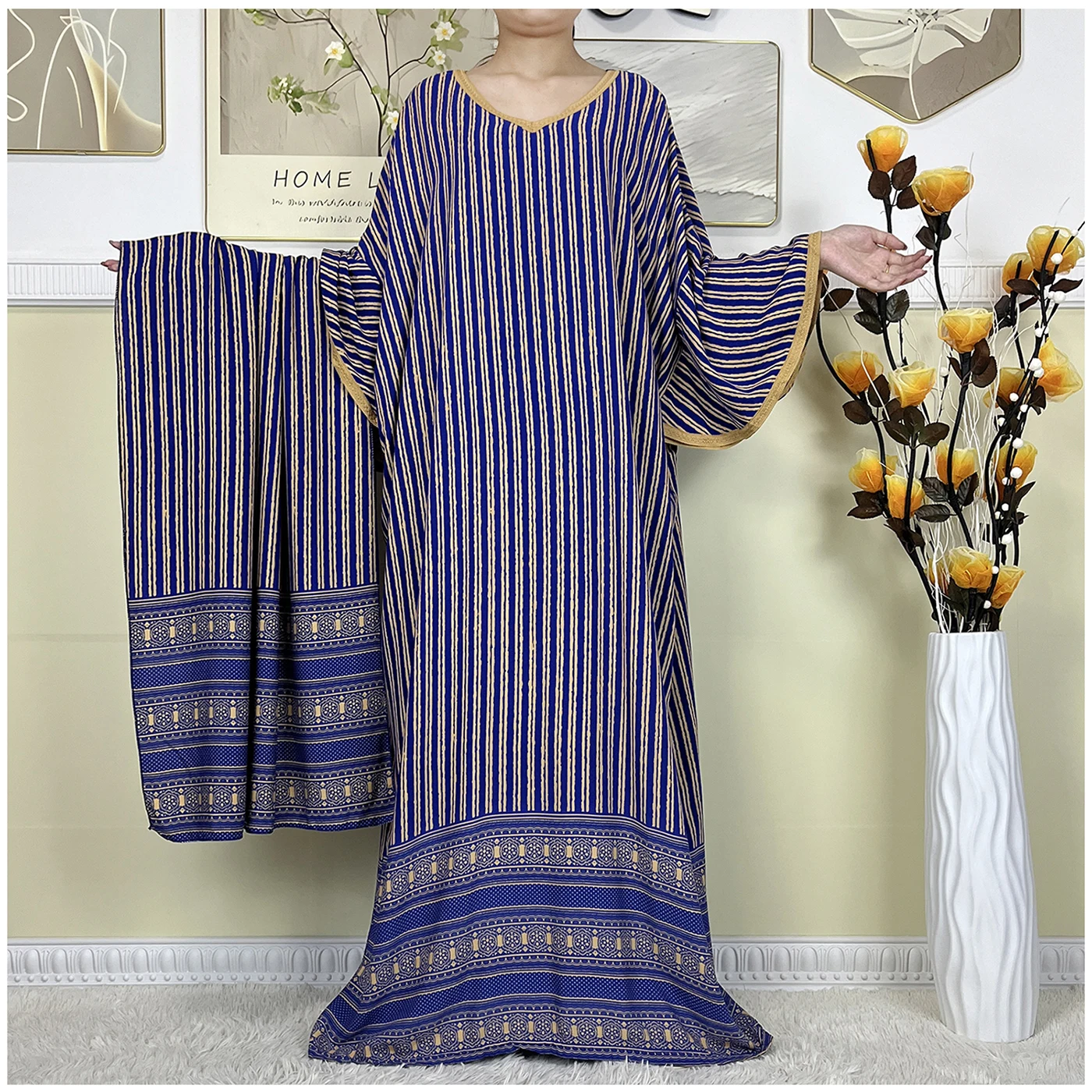 

2024 New African Lady Party Dress Summer Batwing Sleeve Cotton Loose Stripe Printing Maxi Dubai Turkey Islam Women Elegant Dress