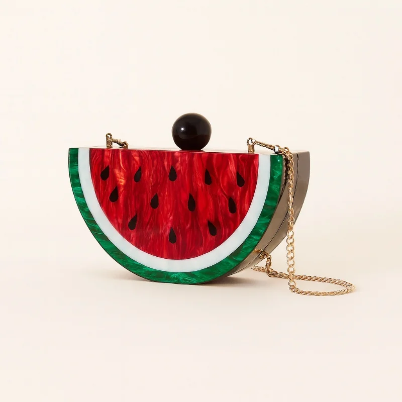 

Women Acrylic Fruit Pattern Evening Clutch Bag Stylish Fan-shaped Chain Shoulder Crossbody Bag Watermelon Red Party Clutch Purse