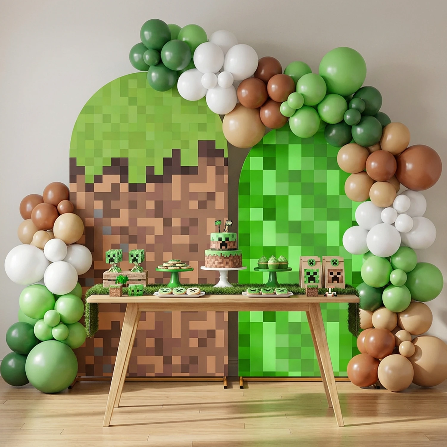 Pixel-Baustein-Spiel für Jungen, Bogen-Hintergrund, Happy-Birthday-Fotohintergrund, Wanddekorationen für Kindergeburtstagsfeiern