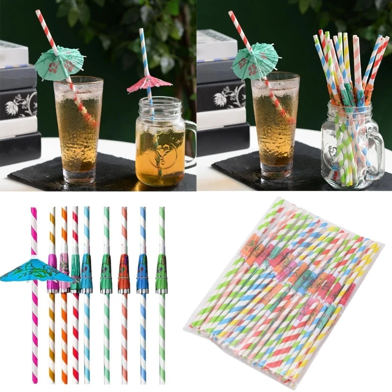 2025 New 50pcs Mixed Color HawaiianParty DecorsUmbrellas Straw Bar Cocktail Plastic Straws Birthday Wedding Party Decor Supplies