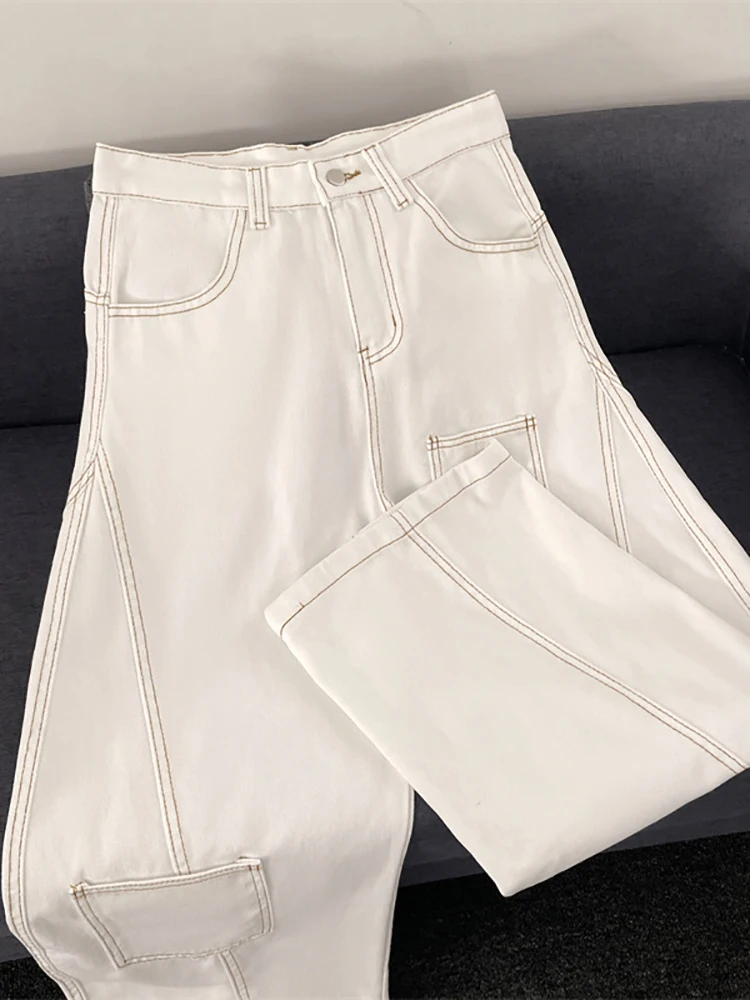 Homens branco emenda jeans bolso remendo outono calças de perna larga americano streetwear moda casual simples solto masculino calças jeans