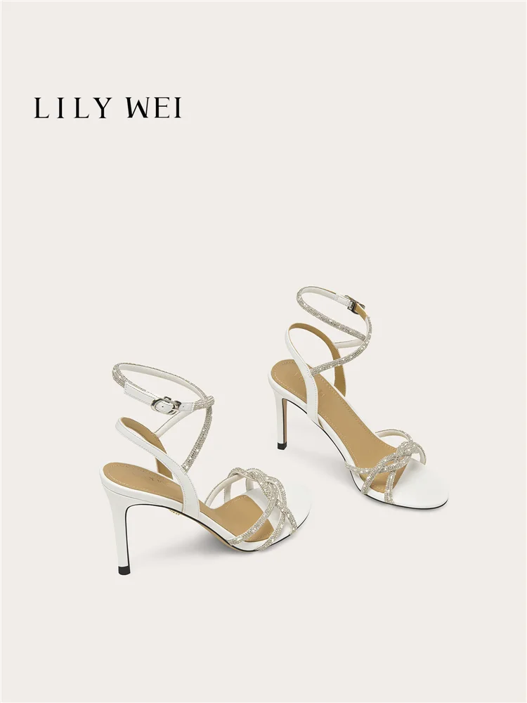 Summer new round toe rhinestone fine strap wedding shoes for parties, large size small size slim heel high-heeled women's sandal