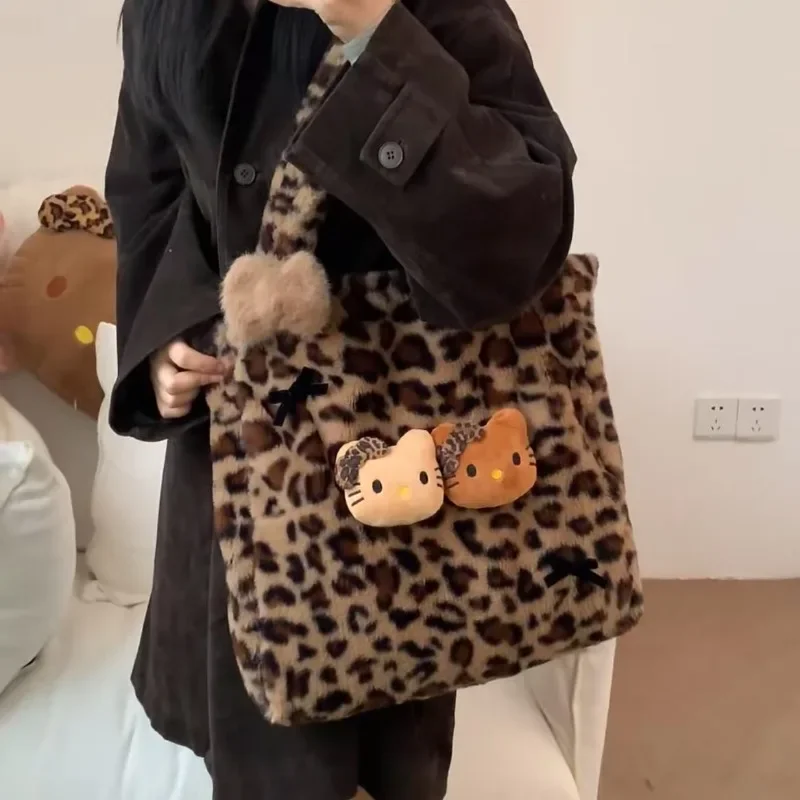 Xiuya Y2k Vintage Womens Shoulder Bag Hello Kitty Leopard Print Fashion Tote Bag Cute Bow Plush Large Capacity Ladies Handbag image 4