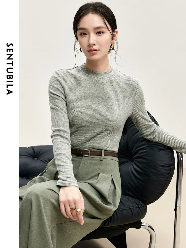 SENTUBILA Women Comt Knitted T-shirt   2024 Spring Autumn Casual Slim Fit O Neck Long Sleeve Basic  Clothing 143T56726