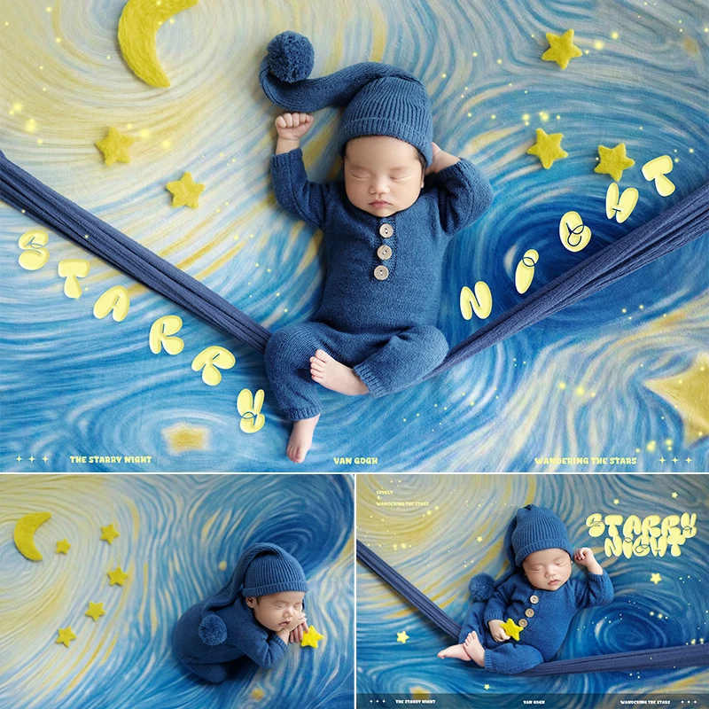 Newborn Photography Props Wool Knitted Hat Jumpsuit Set Baby Shoot Outfit Van Gogh Starry Sky Background Blanket Star Moon Prop