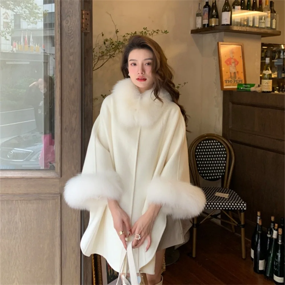 2024 New Autumn Winter Women\'s Fur Sleeve Detachable Real Fox Fur Collar Coat Wool Warm A-line Jacket Luxury Thick Female Coat