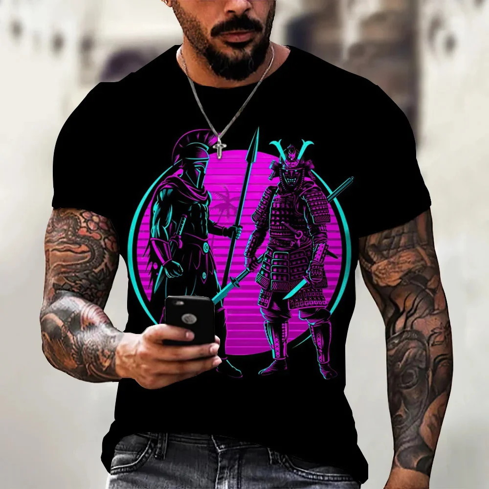 Samurai Muster T-Shirt Mode lässig Tops Herren T-Shirt Kurzarm Kleidung Sommer lose Anime japanische 3D-Stil Bluse