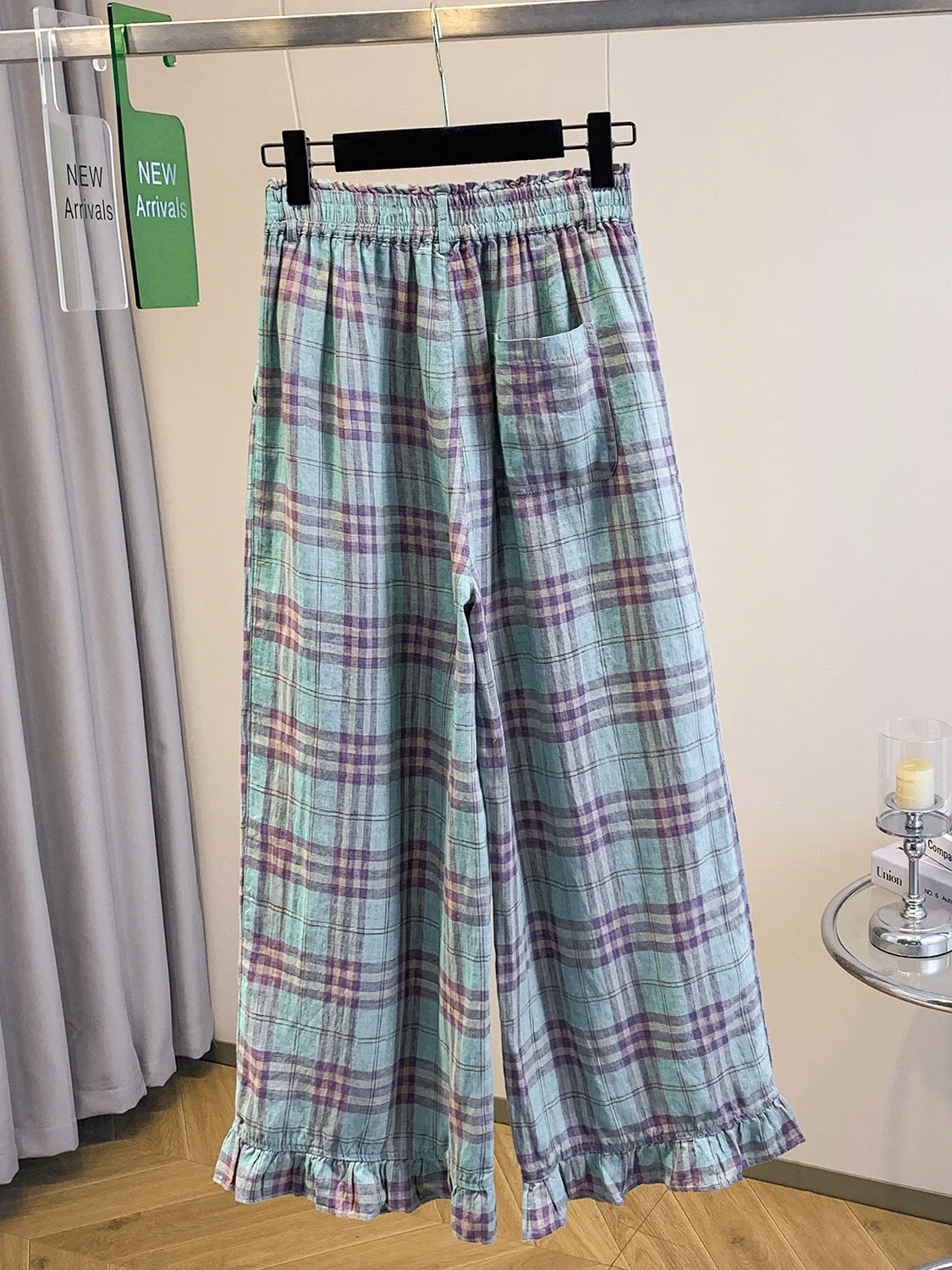 กางเกงขายาวทรงตรงผ้าฝ้ายลินินเอวสูงแต่งระบายชาย  สำหรับผู้หญิง สไตล์ลำลอง  ความยาวเก้าส่วน  ใส่สบายในฤดูร้อน  สไตล์วินเทจ