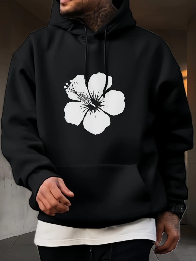 

2025 Autumn and Winter Oversized Black Hoodie with White Hibiscus Flower Print High-end Luxury Is for Both Men and Women Top Y2k