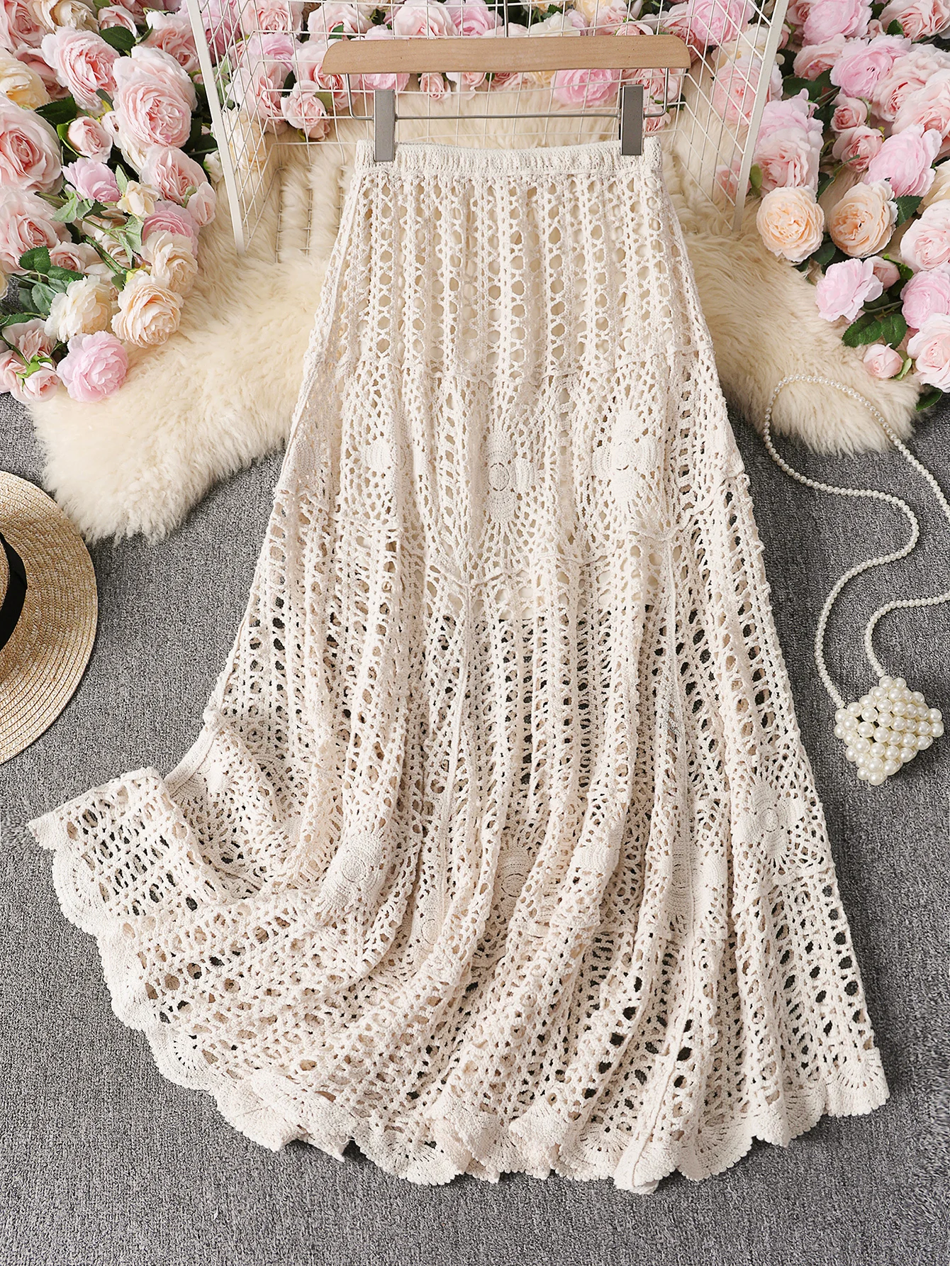 Bohemian-Style Häkelstrick Midi-Rock Frühling Sommer Langes Kleid Boho Chic Mittellange Damenmode